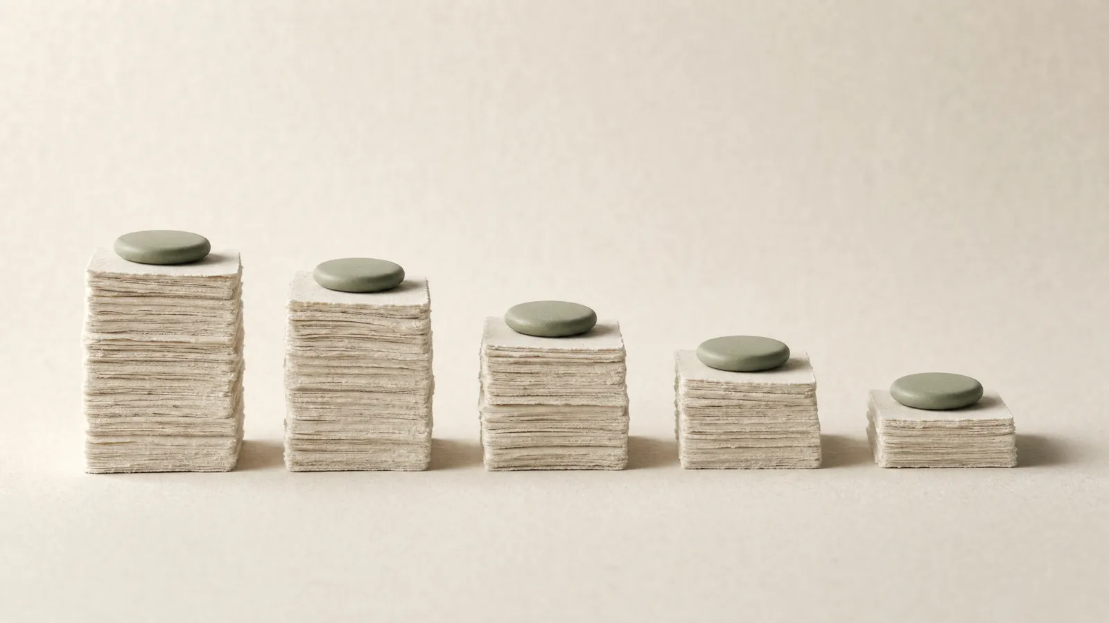 Five stacks of handmade paper cards of different heights, each topped by the same sage ceramic token