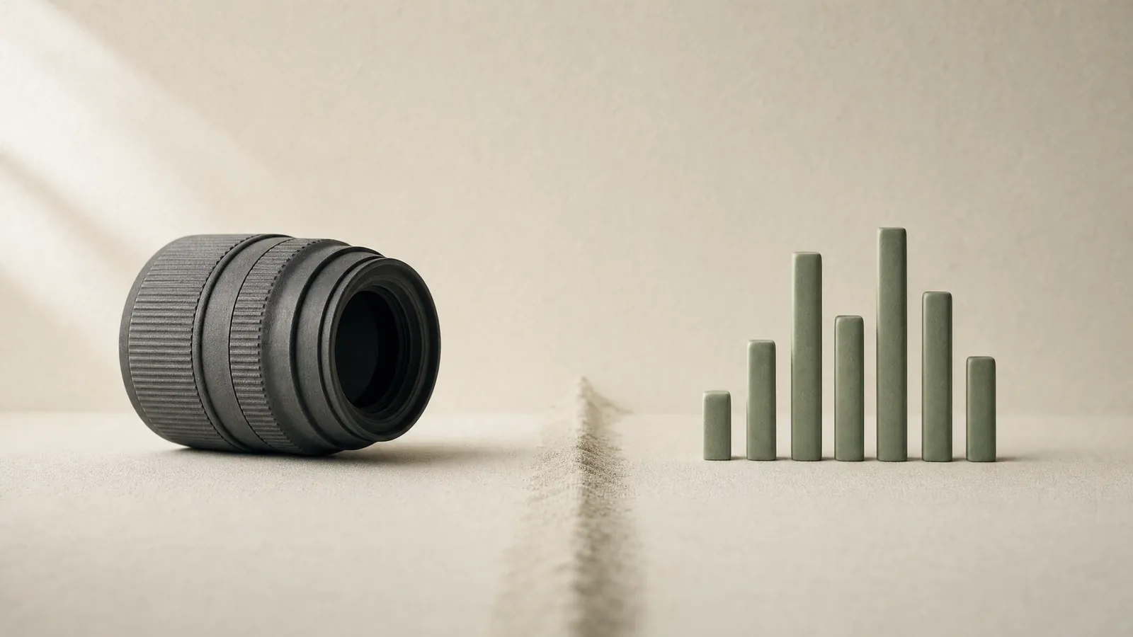 A charcoal ceramic camera lens and a sage ceramic waveform, divided by a line of sand