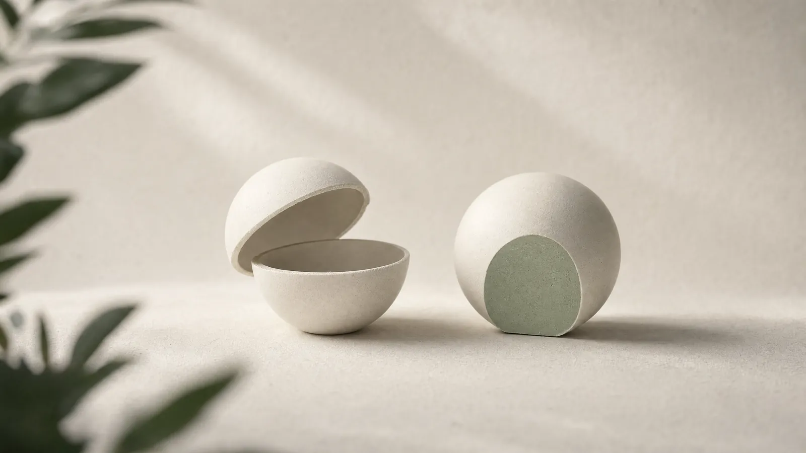 Two matching ceramic spheres: one opens to show a hollow shell, the other is solid green inside